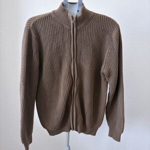 LL‎ Bean Sweater Mens LG Brown Full Zip Cotton Mock Neck Preppy Minimalist Golf